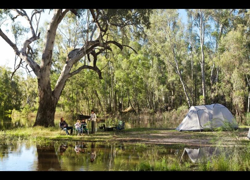 A couple are camping by the river in the Murray Valley National Park