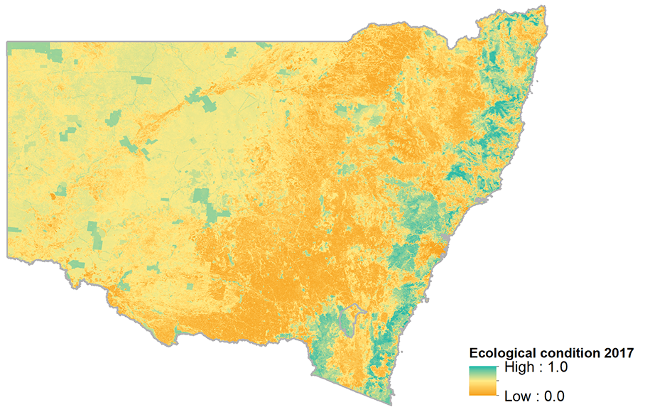 Map of New South Wales showing general quality or ecological condition of habitat for biodiversity across the state. Dark orange or ‘low’ indicates habitat has been completely removed, whereas dark teal or ‘high’ indicates habitat is intact relative to a pre-industrial state.