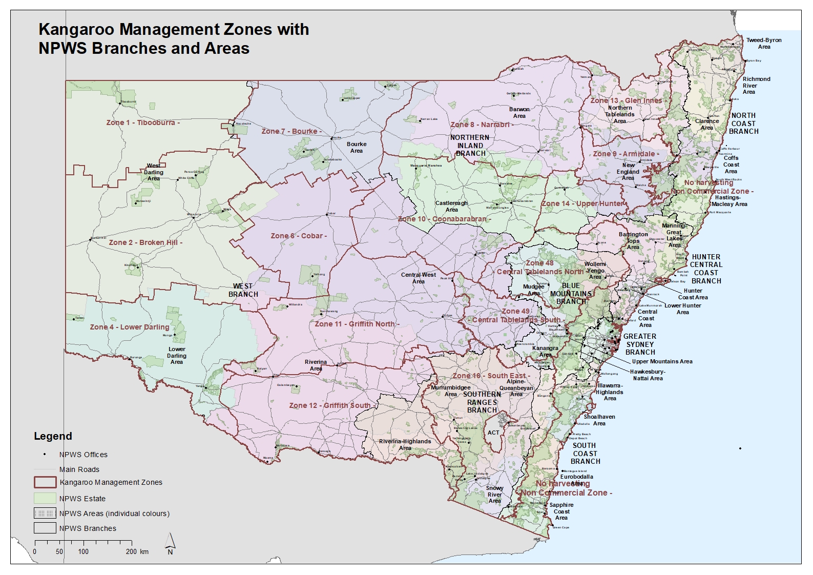 Kangaroo management zones with NPWS branches and areas