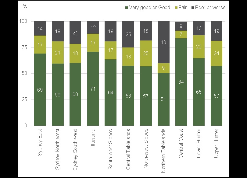 2019 Air Quality Index categories as a percentage of time in each region in NSW.