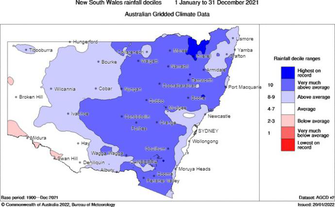 Bureau of Meteorology map of NSW showing the rainfall decile ranges for 1 January to 31 December 2021 (lowest on record, very much below average, below average, average, above average, very much above average, highest on record).