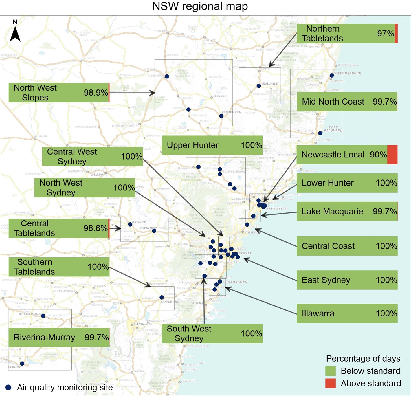 Regional map Map with bar charts showing the percentage of days air quality in different regions were below air quality standards (shown in green). The percentage of days in each region that air quality was above the standard are shown in red.