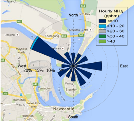 The Stockton NH3 pollution rose shows that hourly NH3 levels remained low throughout the year at Stockton.