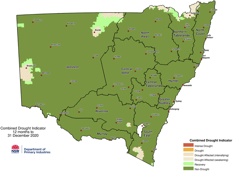 Map of New South Wales showing drought conditions as of December 31, 2020, with color-coded regions indicating intense drought, drought, recovering, and non-drought areas, along with regional names and a legend for the Combined Drought Indicator.