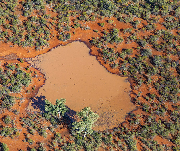 Aerial view of a reddish-brown water body surrounded by green vegetation and red soil