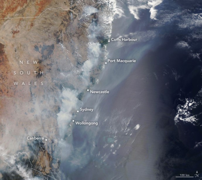 A satellite image showing bushfire emergency air quality monitoring stations