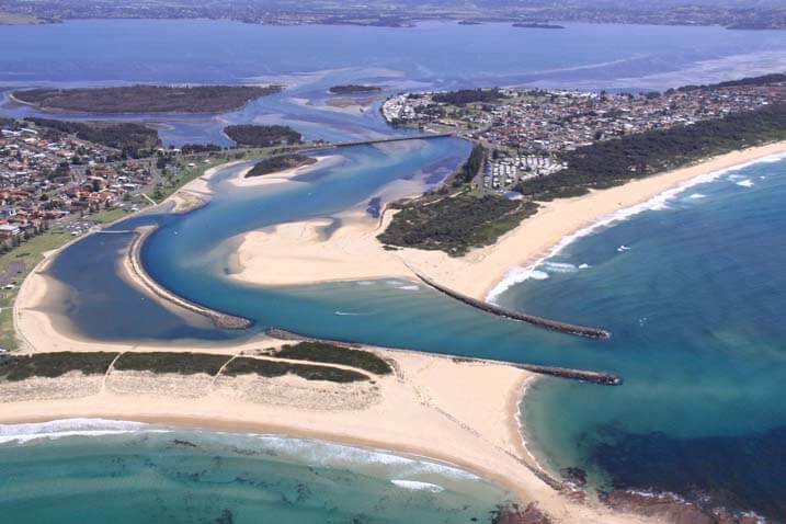 An aerial view of Lake Illawarra on the south coast of New South Wales