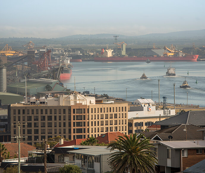 Newcastle Clean Air Project. Housing, buildings and infrastructure with heavy industry and harbour ports