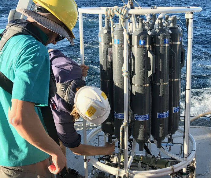 Oceanographic equipment on our research vessel RV Bombora includes this conductivity-temperature-depth profiler and rosette, which is used to measure water quality for analysis.