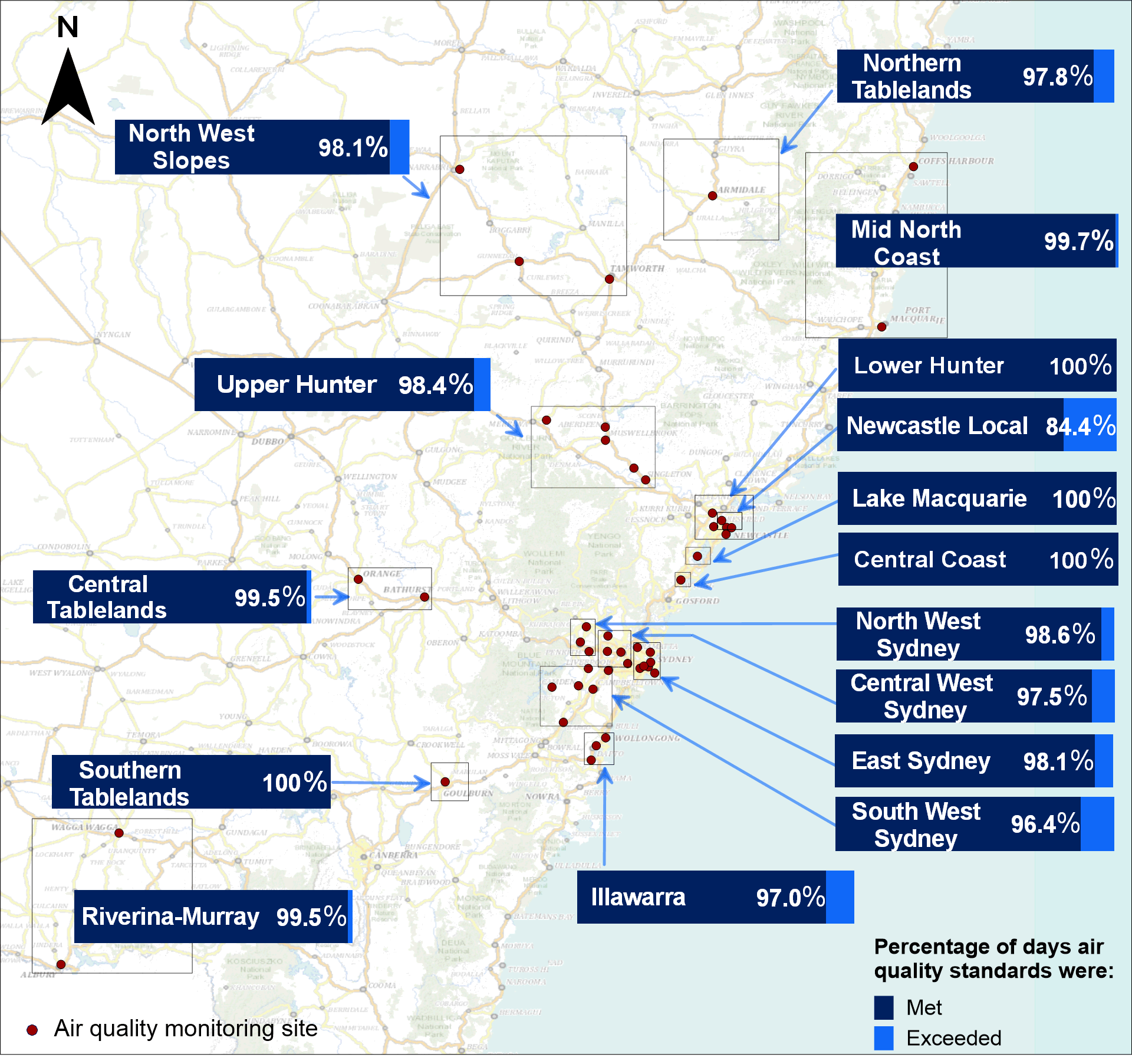 Air quality summary map for NSW regional and metropolitan centres