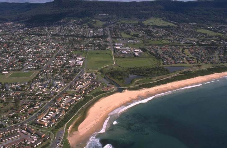 A view of Bellambi Gully surrounded by North Wollongong with Bellabi Beach in the foreground