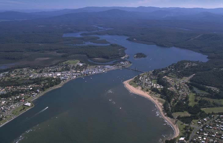 A view of the Clyde River flowing into the sea at Batemans Bay