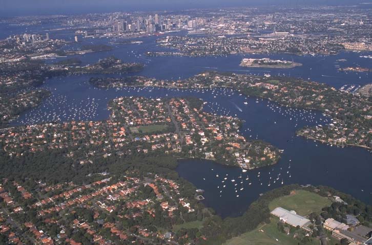 Aerial view of Lane Cove River with surrounding residential areas, showing the river winding through a landscape dotted with houses, boats, and greenery under a clear blue sky.