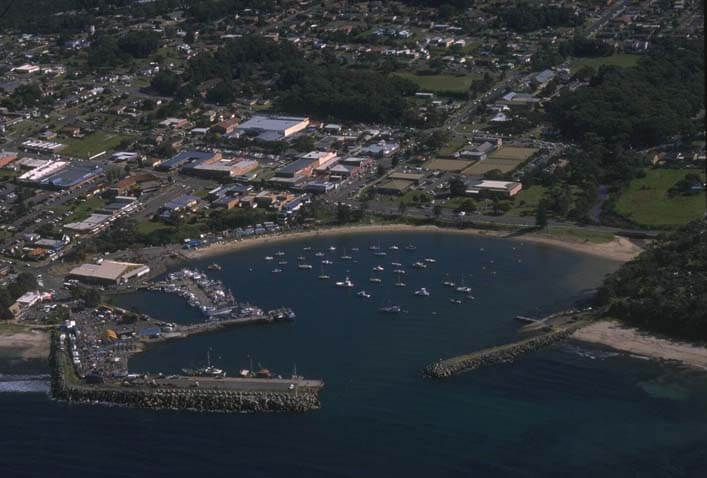 Aerial view of Millards Creek featuring a calm water body with numerous boats anchored, surrounded by a residential area with dense greenery and various buildings, bordered by a breakwater on the left.