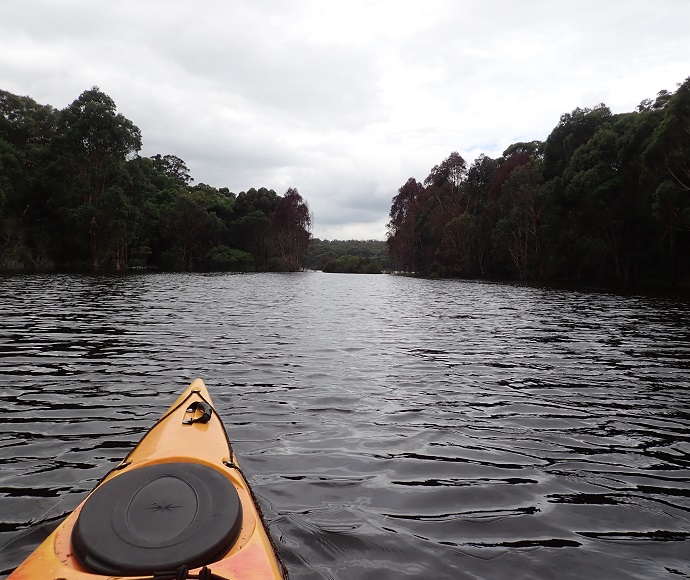 In foreground, the front of a kayak at the northern end of Lake Werri Berri pointing across the water towards connection to Lake Gandangarra, 5 March 2022