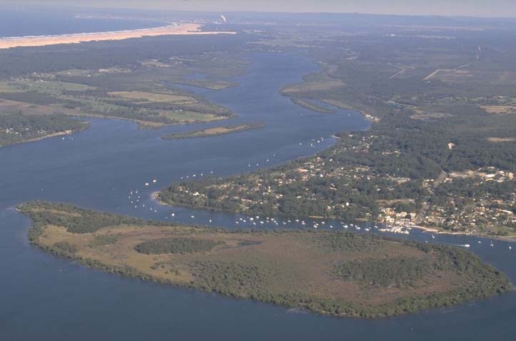 An aerial view of Tilligerry Creek estuary, showcasing a wide expanse of water with a branching creek system. A large, densely green landmass is prominent in the center, surrounded by blue waters. Several boats are visible on the water, indicating recreational or fishing activities. The surrounding area includes patches of land with buildings, suggesting residential areas. In the distance, there’s a coastline with a beach and open sea beyond it.