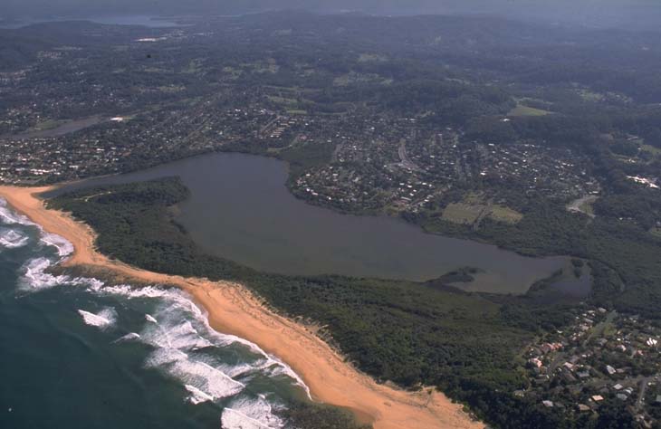 An aerial view of Wamberal Lagoon, a coastal lagoon bordered by a sandy beach with waves crashing ashore. The lagoon is adjacent to a residential area with dense greenery and forested hills in the background, highlighting the contrast between natural and developed environments.