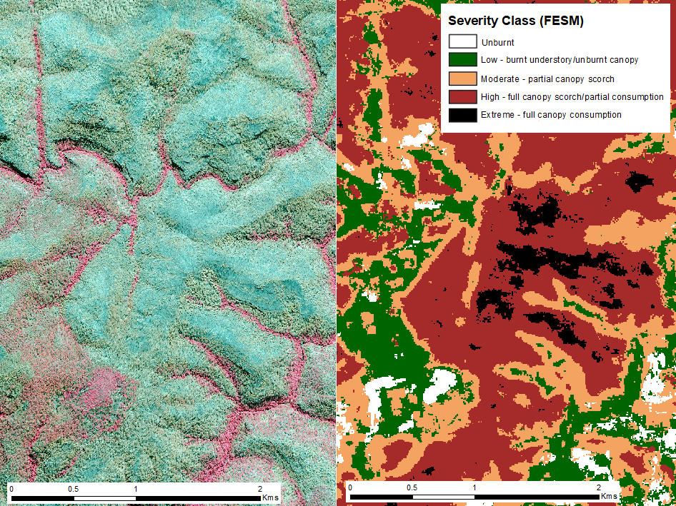 Satellite imagery showing fire severity classification over a landscape. The left side displays natural coloration of the terrain with varying shades of green, blue, and brown, indicating vegetation and geographical features. The right side uses a color-coded legend to indicate fire severity levels: unburnt areas in green, low severity in light pink, moderate severity in yellow, high severity in red, and extreme severity with dark red