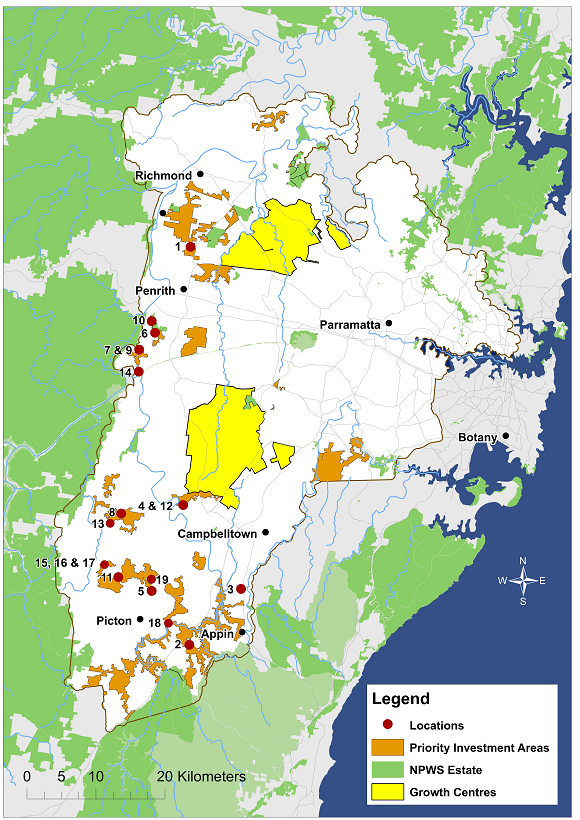 Map showing investment locations, Priority Investment Areas, NPWS estate and Growth Centres.