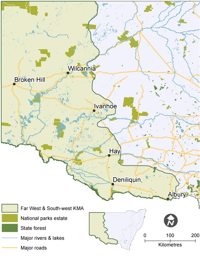 Map showing the extent of the Far West and South West Koala Management Area (KMA), with national parks, state forests, major waterways and roads.