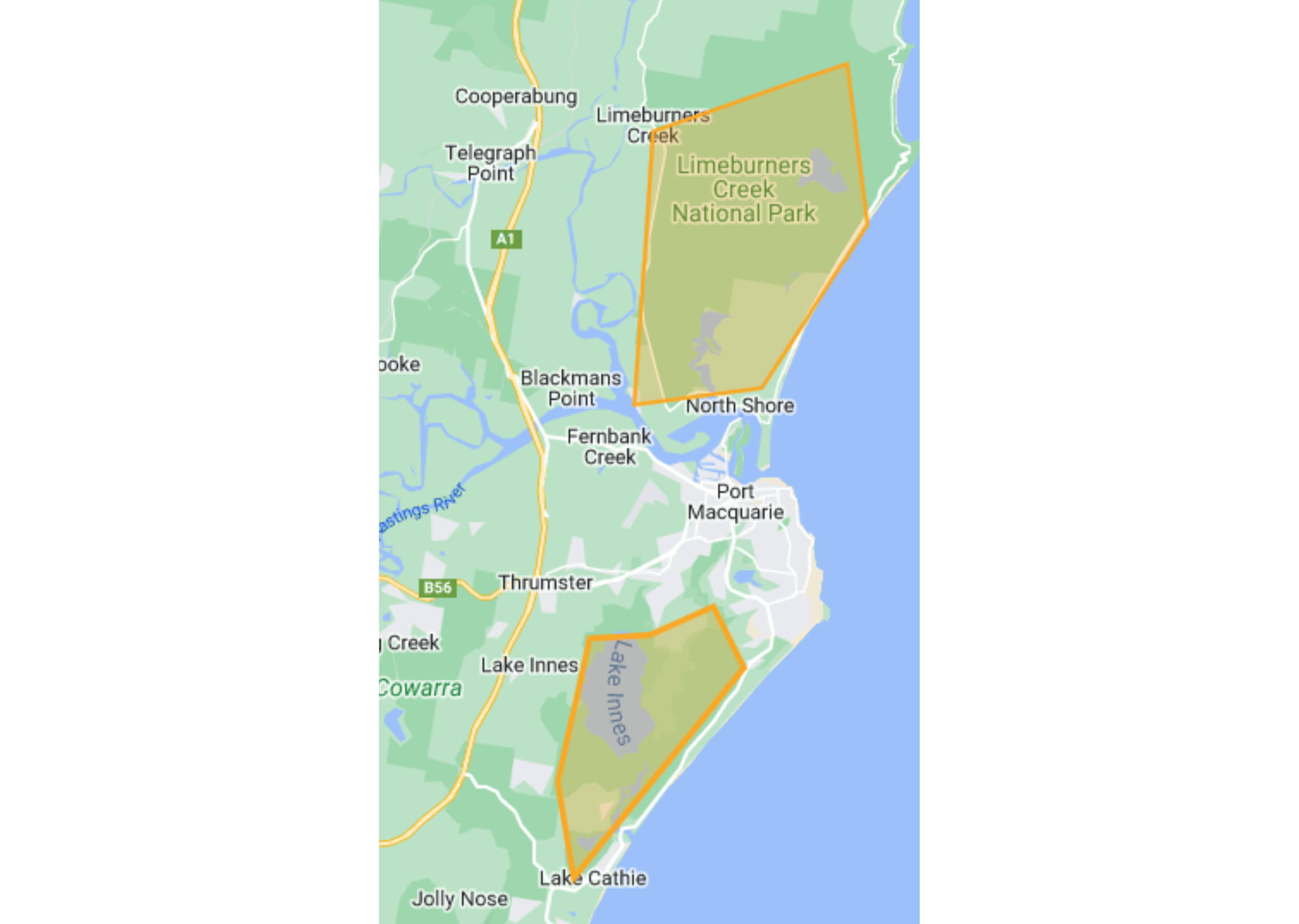 A map of the Port Macquarie area which depicts zones "Limeburners Creek National Park" and "Lake Innes" as highlighted in yellow.