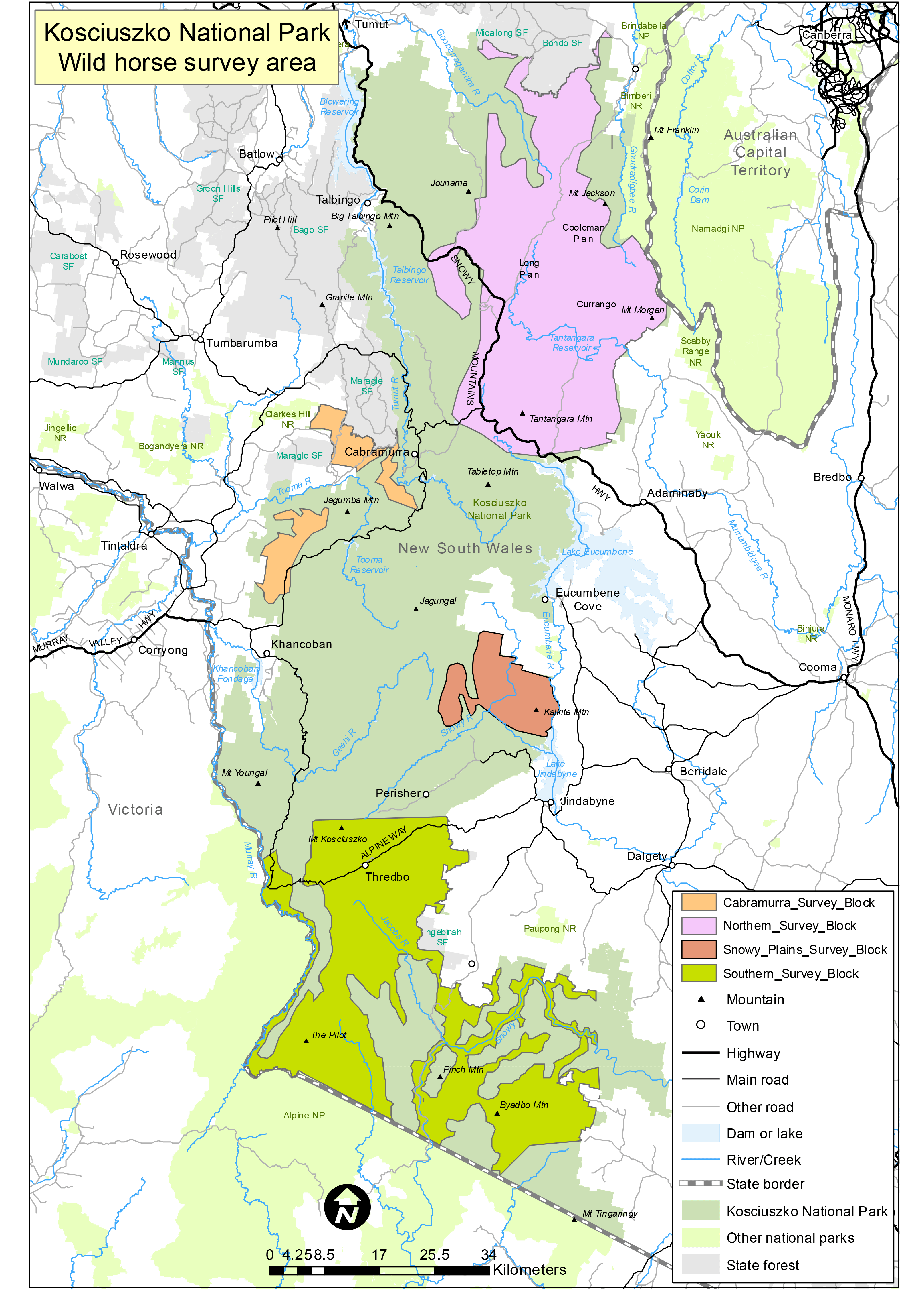 A map showing 4 blocks within the Kosciuszko National Park surveyed for wild horse populations