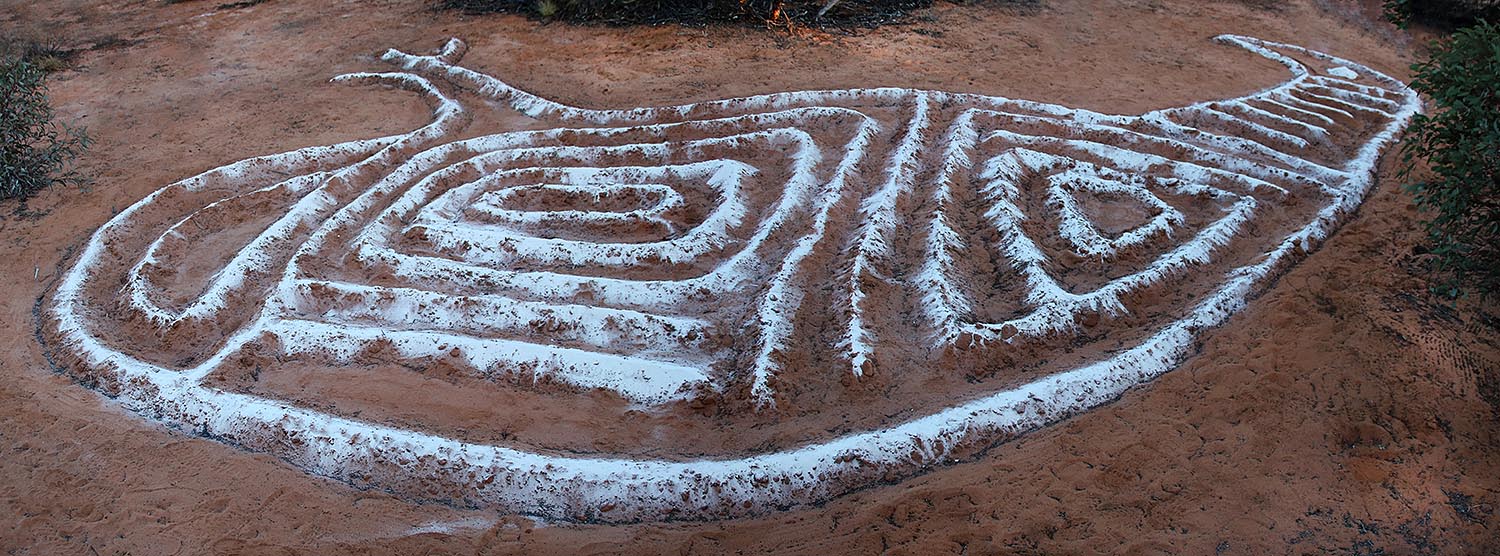 Malleefowl ground art on Country, featuring intricate designs in white surrounded by dark brown earth