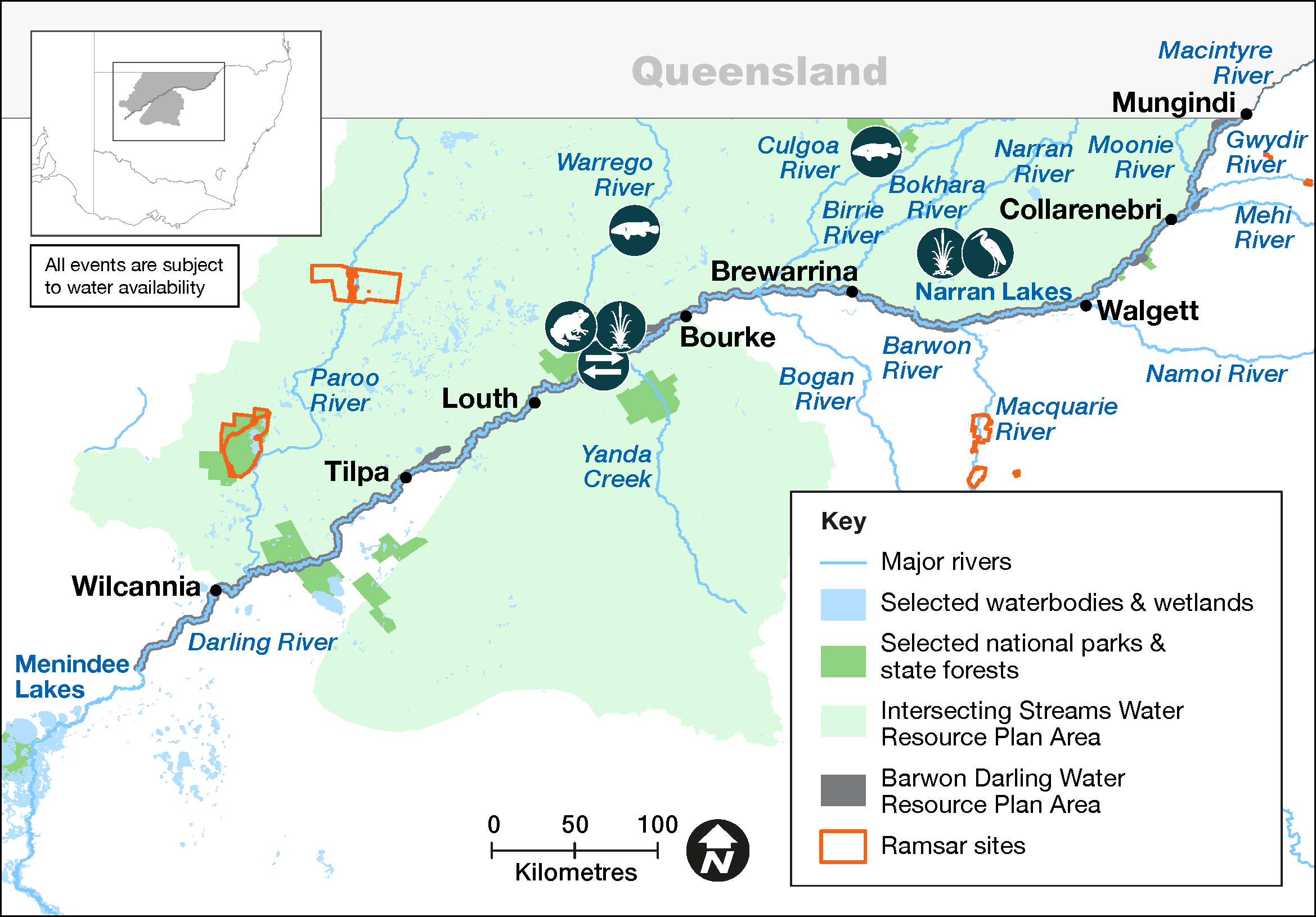 Map of watering actions for 23-24. Most are planned to occur on the Barwon River between Louth and Mungindi