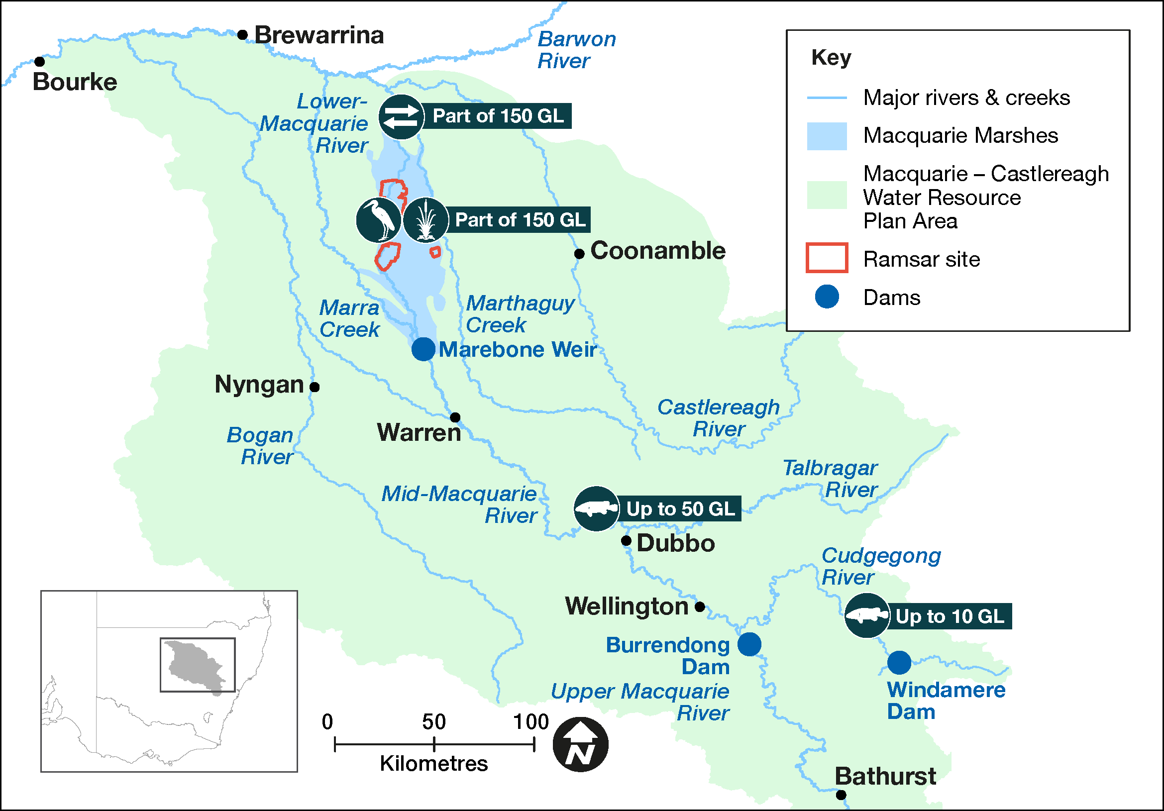 Map of proposed annual priority targets in the Macquarie–Castlereagh Water Resource Plan area 2023–24 