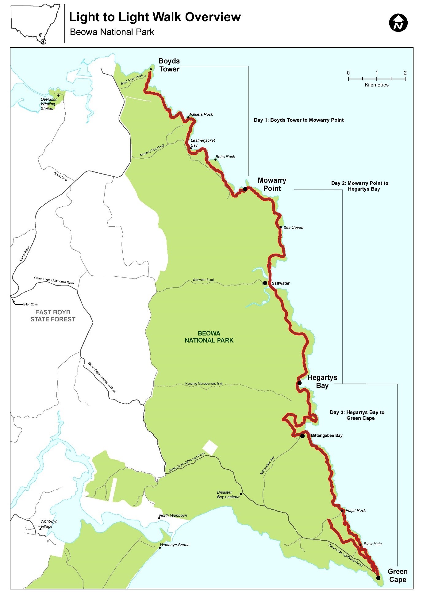 Map overview of Light to Light Walk in Ben Boyd National Park showcasing a red-marked trail starting at Boyd’s Tower and ending at Green Cape. Key locations such as Saltwater Creek and Bittangabee Bay are noted along with suggested daily travel routes over three days through diverse coastal terrain with facilities indicated by symbols.