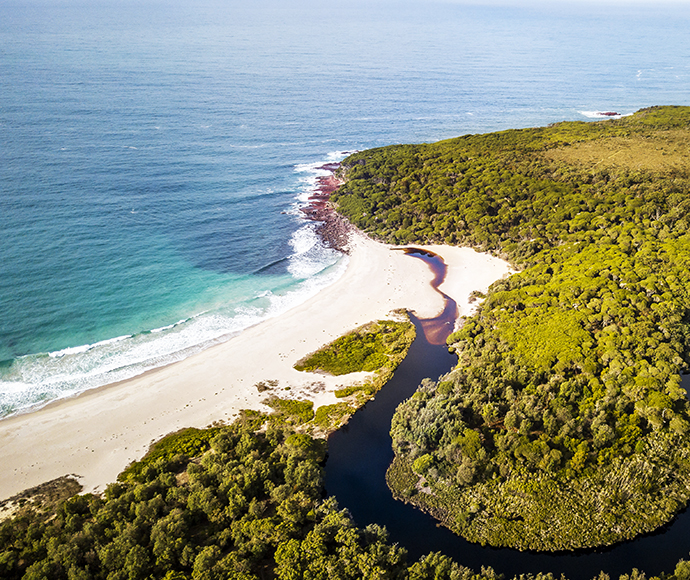 Aerial view, Saltwater campground, Beowa National Park, formerly known as Ben Boyd National Park