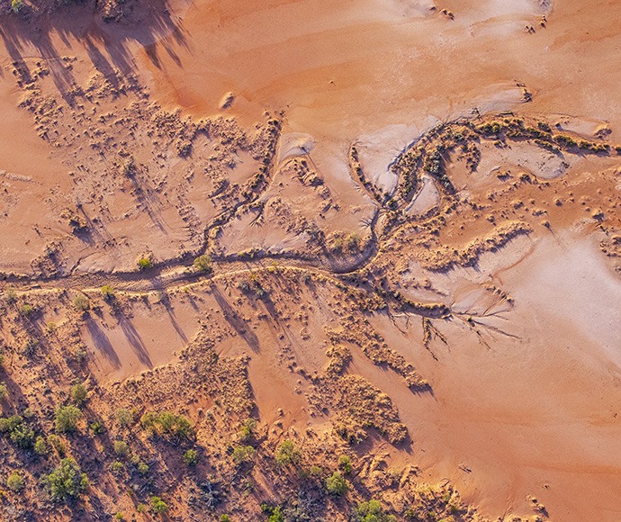 Aerial view of a desert landscape with patterns of dry riverbeds, scattered shrubs, and shadows on sandy terrain.