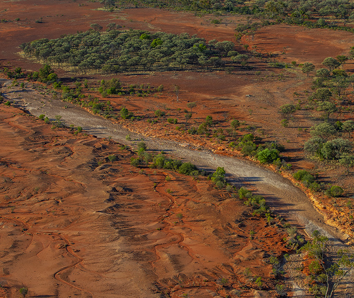  There is a dry riverbed winding through the landscape, with patches of greenery, including small trees and shrubs, scattered across the red soil. In the upper part of the image, there are more densely packed trees, forming a green canopy, possibly marking a change in the landscape's moisture levels or vegetation type.