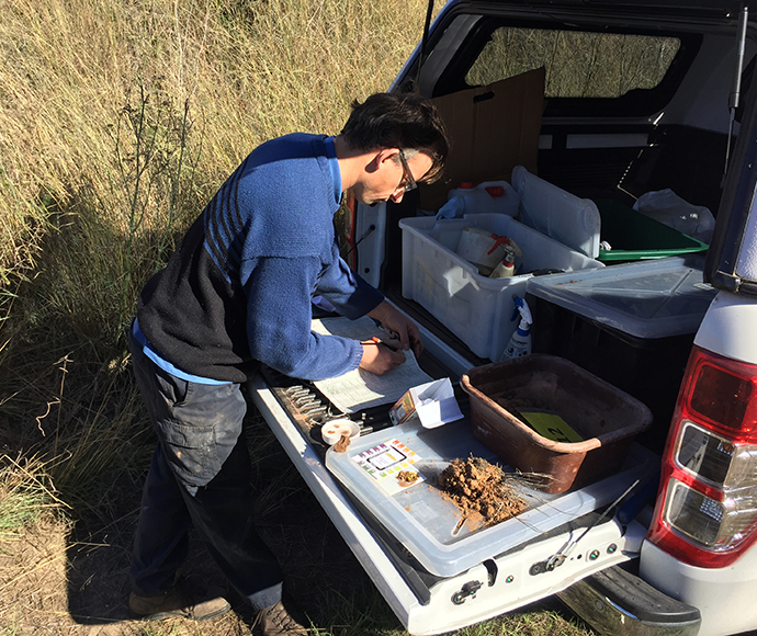 A field worker records soil descriptions on OEH soil data cards on the open tail gate of a ute.