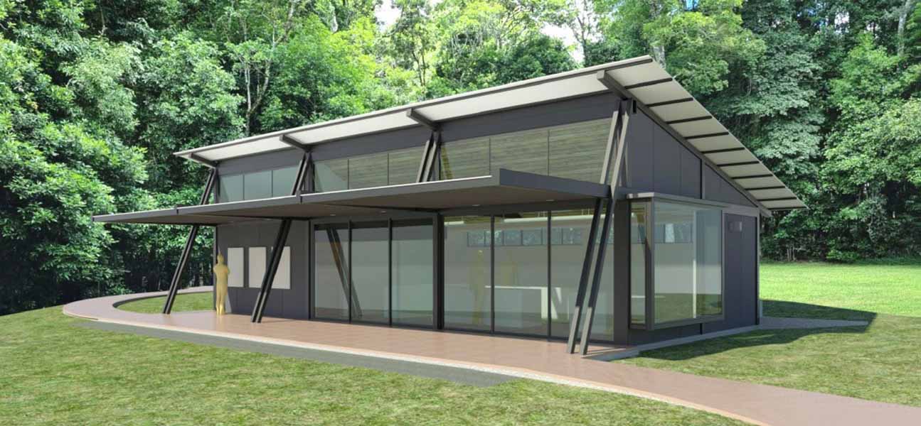 An artistic render of the planned temporary visitor centre at The Glade, part of the Dorrigo Escarpment Great Walk project, showcasing modern design elements integrated with the natural surroundings.