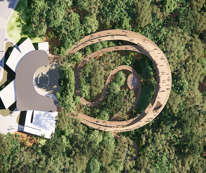 Building plan with horseshoe shaped elevated boardwalk over rainforest