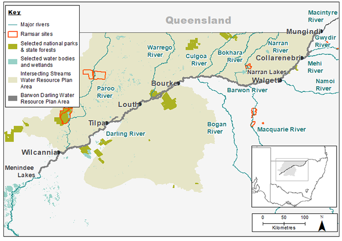 A map highlighting major rivers, selected national parks and state forests, interconnecting water bodies and wetlands, and Water Resource Plan areas in a region of Australia. Notable rivers such as the Darling, Barwon, Namoi, Gwydir, Macintyre, Culgoa, and Warrego Rivers are marked. The map includes a key for reference and an inset showing the location within Australia.