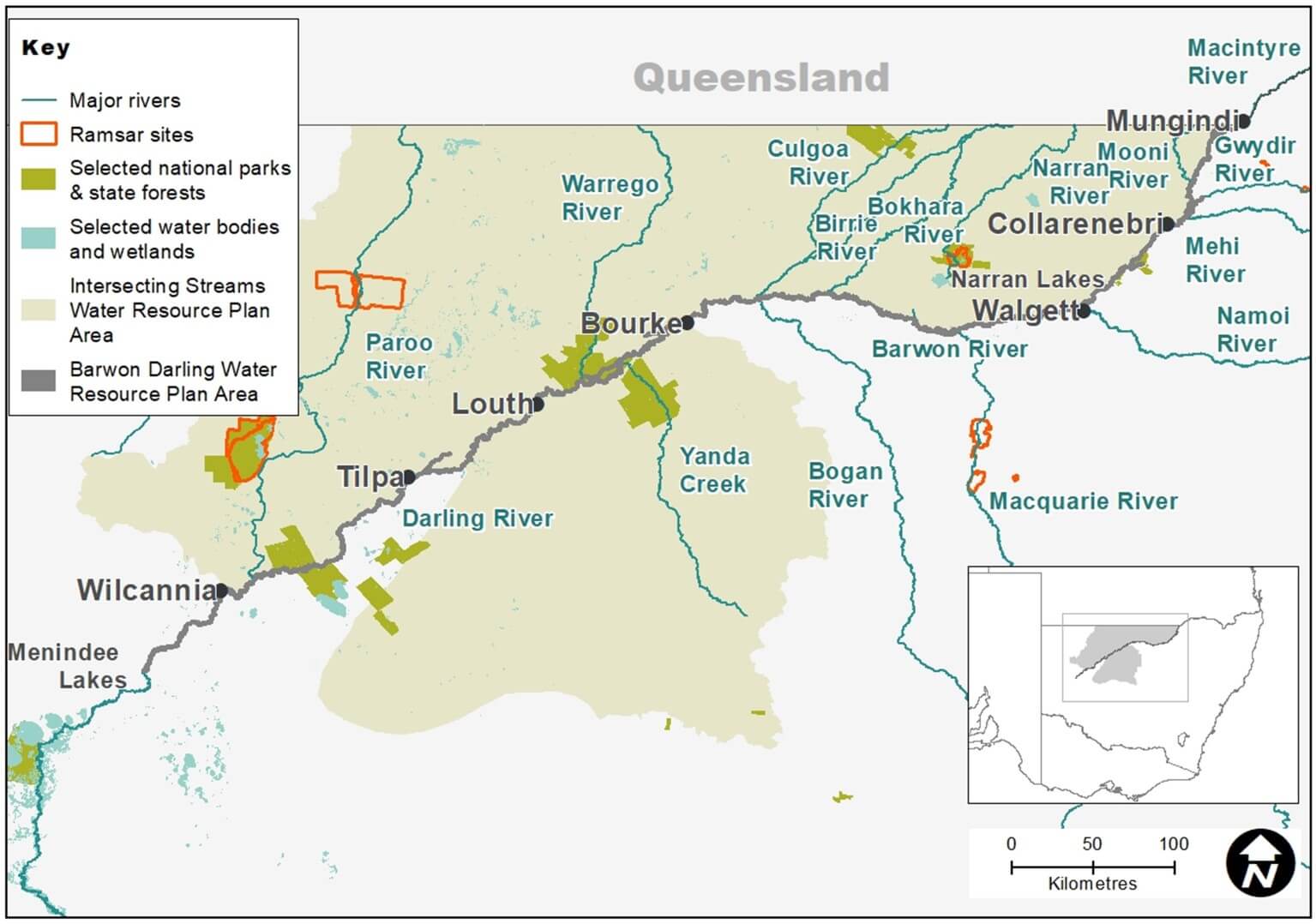 Map of the Barwon-Darling and Intersecting Streams catchments showing major rivers, selected water bodies, wetlands, and locations of environmental water deliveries made in 2020-21. The map includes a key for interpreting symbols, a scale bar for distance, and a compass rose for orientation.