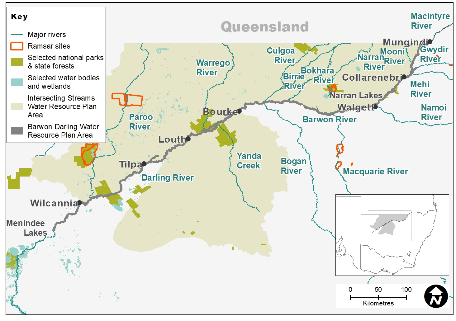 Map of the Barwon-Darling and Intersecting Streams catchments showing waterways, wetlands and locations of water for the environment deliveries made in 2019–20.