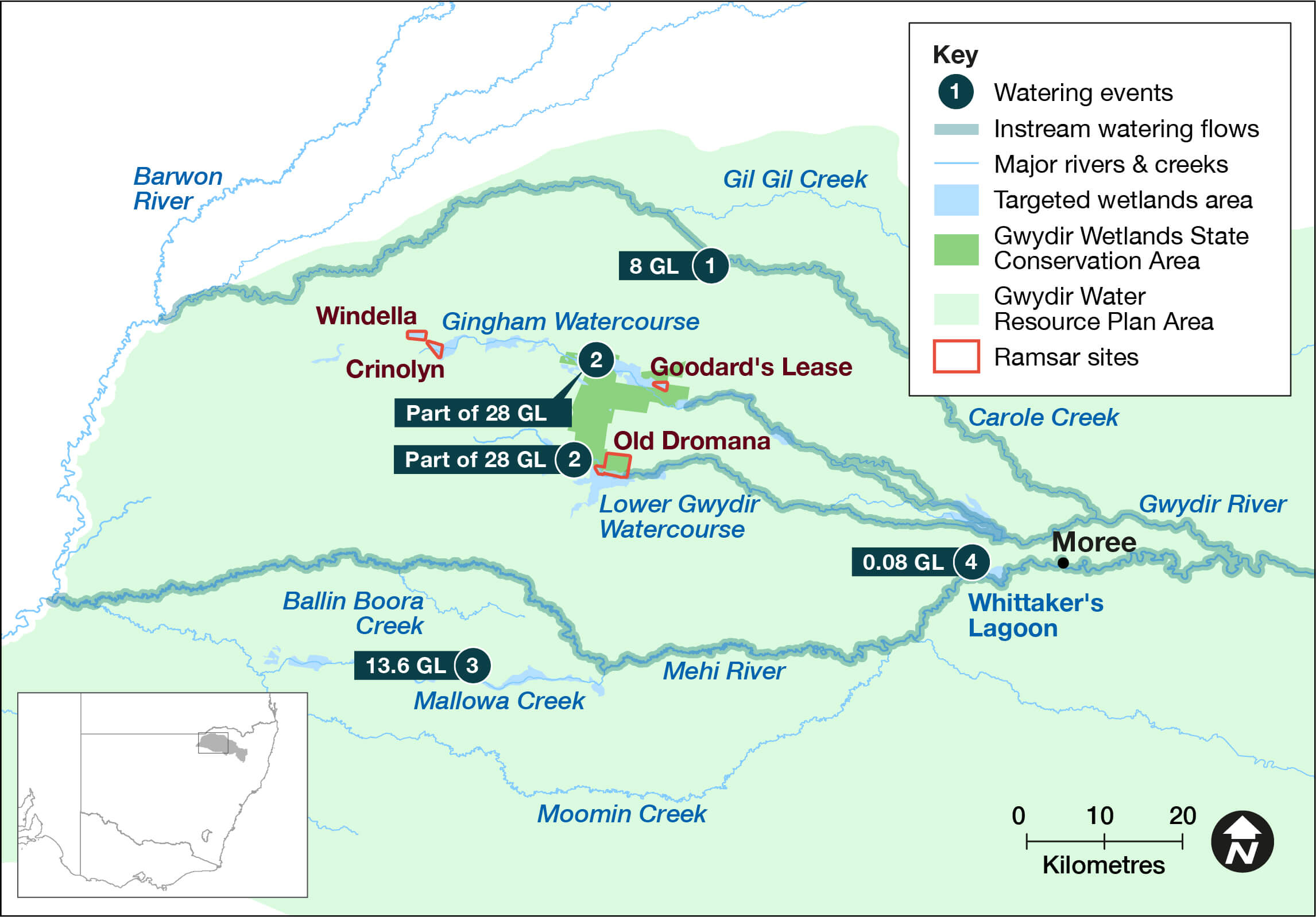 Map of sites in the Gwydir catchment where environmental water was delivered in the 2021-22 water year, with corresponding volumes 