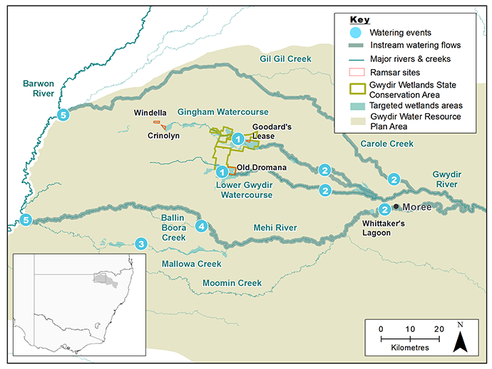 Map of the Gwydir catchment showing waterways, wetlands and locations of water for the environment deliveries made in 2017–18.