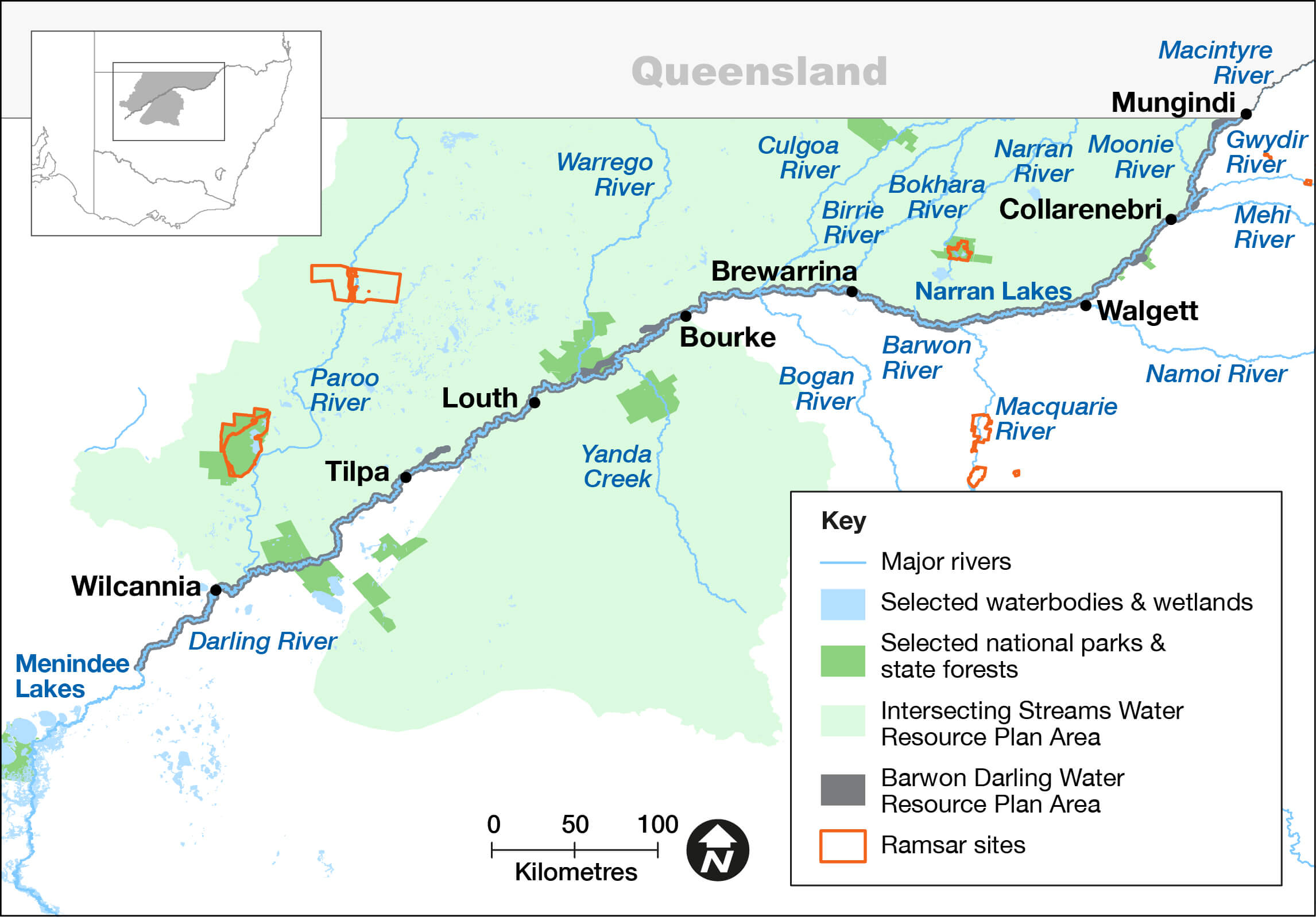 A map depicting a region in Queensland, Australia. It features various geographical elements such as rivers, including the Weir River, Macintyre River, Dumaresq River, and Severn River. The map also highlights towns like Mungindi and Inverell; Boggabilla is marked as well. There’s an inset map with a key.