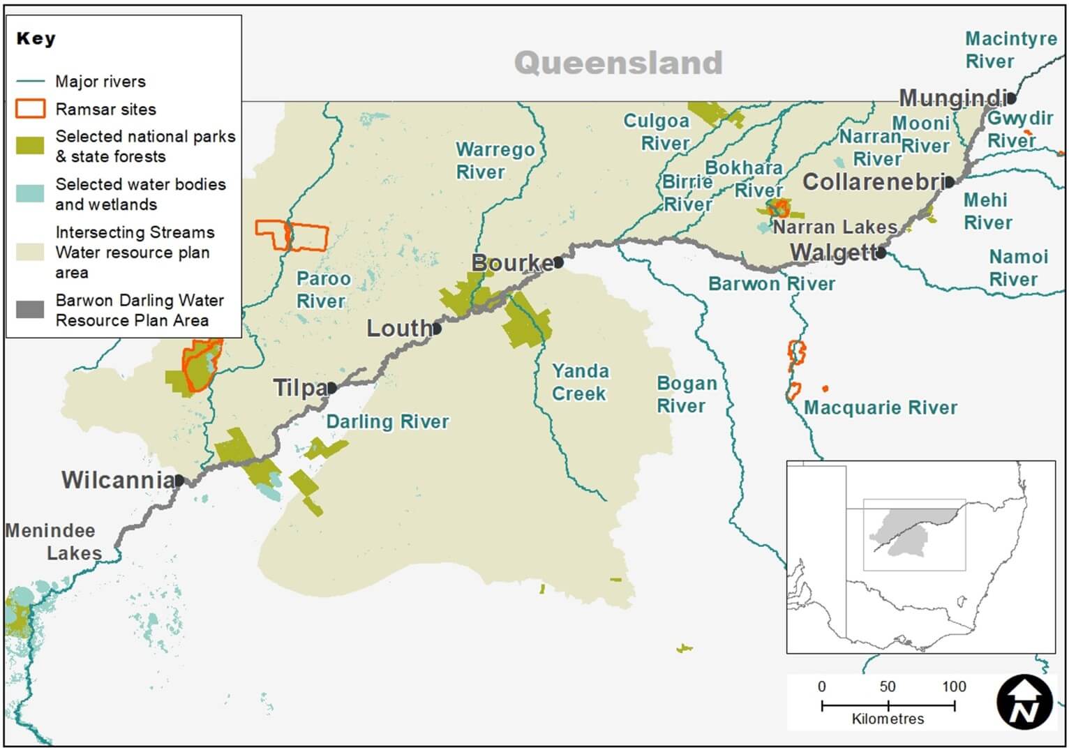 Map of the Intersecting Streams catchment showing waterways, wetlands, and locations of water for the environment deliveries made in 2020-21. The map includes major rivers, Ramsar sites, selected national parks and state forests, and areas where environmental water was released. It also shows state boundaries and a scale in kilometres.