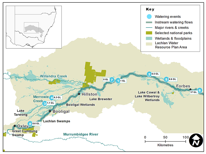 Map of the Lachlan catchment showing waterways, wetlands and locations of water for the environment deliveries made in 2019–20.