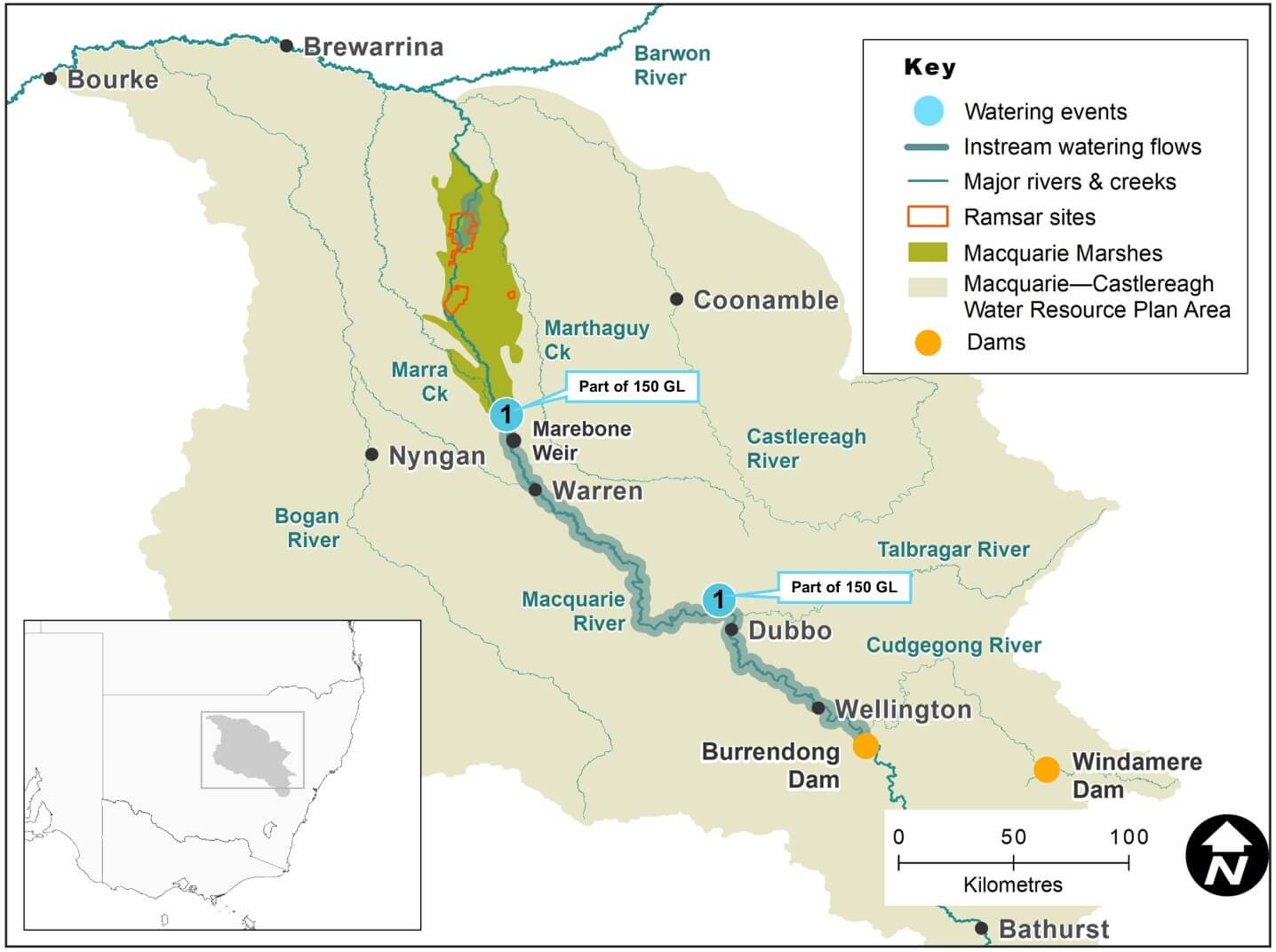 A map showcasing the Macquarie-Castlereagh Water Resource Plan Area with symbols for key features such as watering events, major rivers & creeks, Ramsar sites, and significant dams like Burrendong and Windamere. Towns like Bourke, Brewarrina, Warren, and Bathurst are marked. Insets display the broader location within Australia and a directional compass rose.