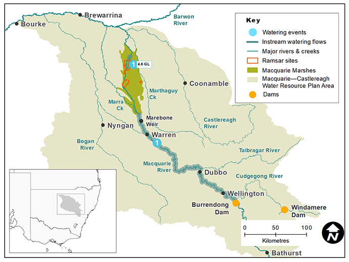 Map of the Macquarie-Castlereagh catchment showing waterways, wetlands and locations of water for the environment deliveries made in 2019–20.