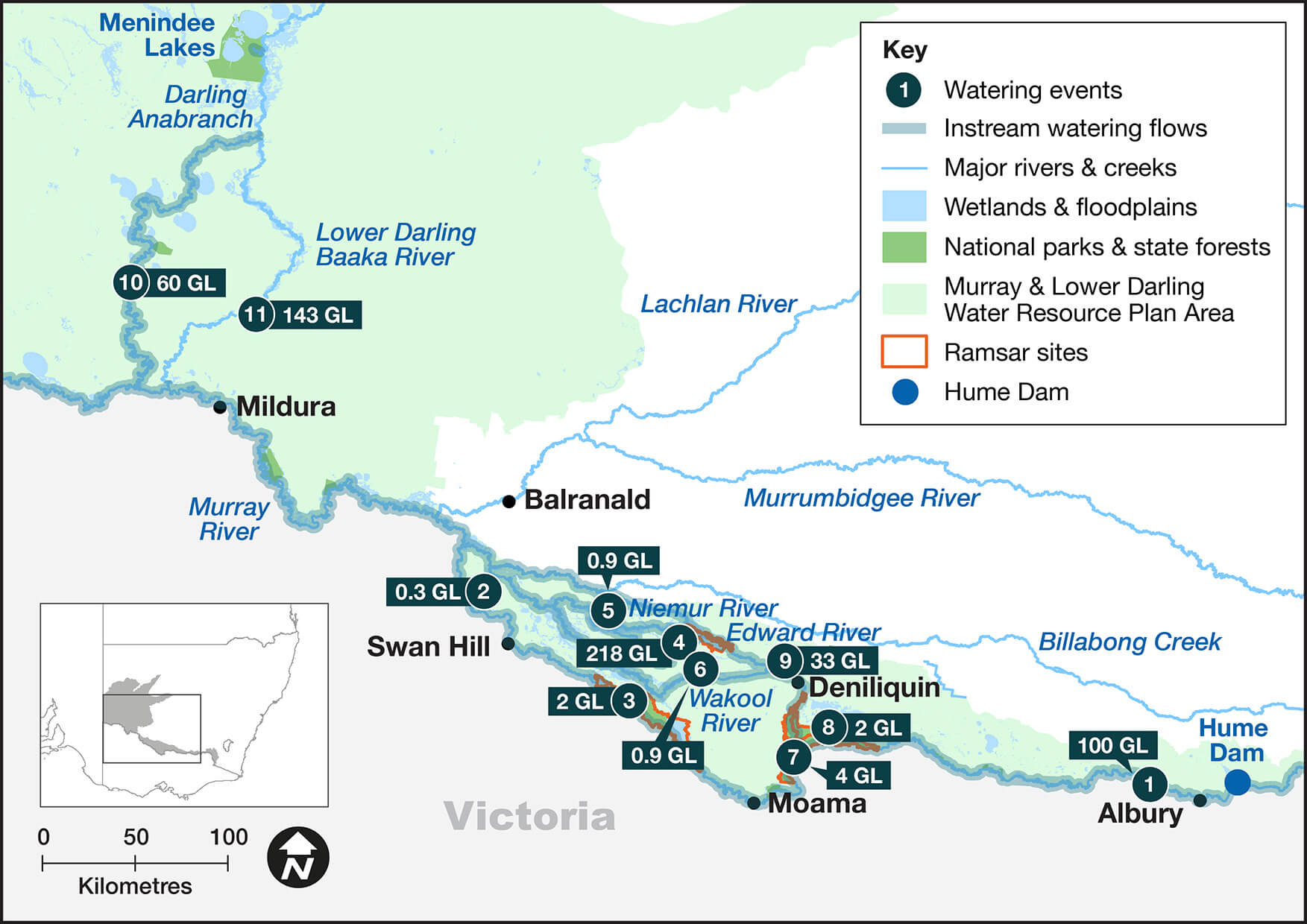 Map of the Murray-Lower Darling catchment showing waterways, wetlands and locations of water for the environment deliveries made in 2022-23.