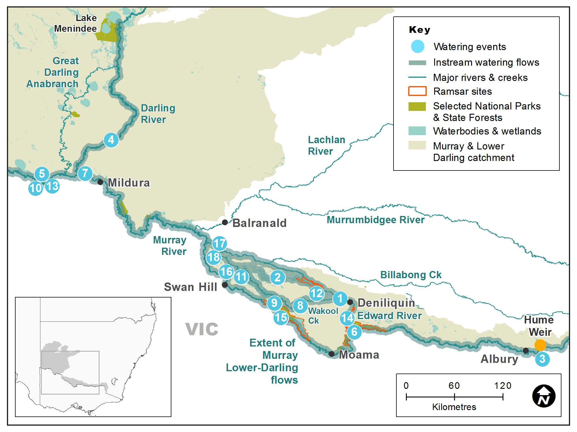 Map of the Murray-Darling catchment showing waterways, wetlands and locations of water for the environment deliveries made in 2017–18.