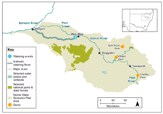 A map of the Namoi Water Resource Plan Area in Australia, highlighting waterways such as the Namoi River and Peel River, towns like Walgett, Wee Waa, and Tamworth, and key water infrastructure including Split Rock Dam, Keepit Dam, and Chaffey Dam. The area is shaded in pale yellow, with national parks and state forests in green. An inset map shows the location within Australia, and a key provides symbols for various features.