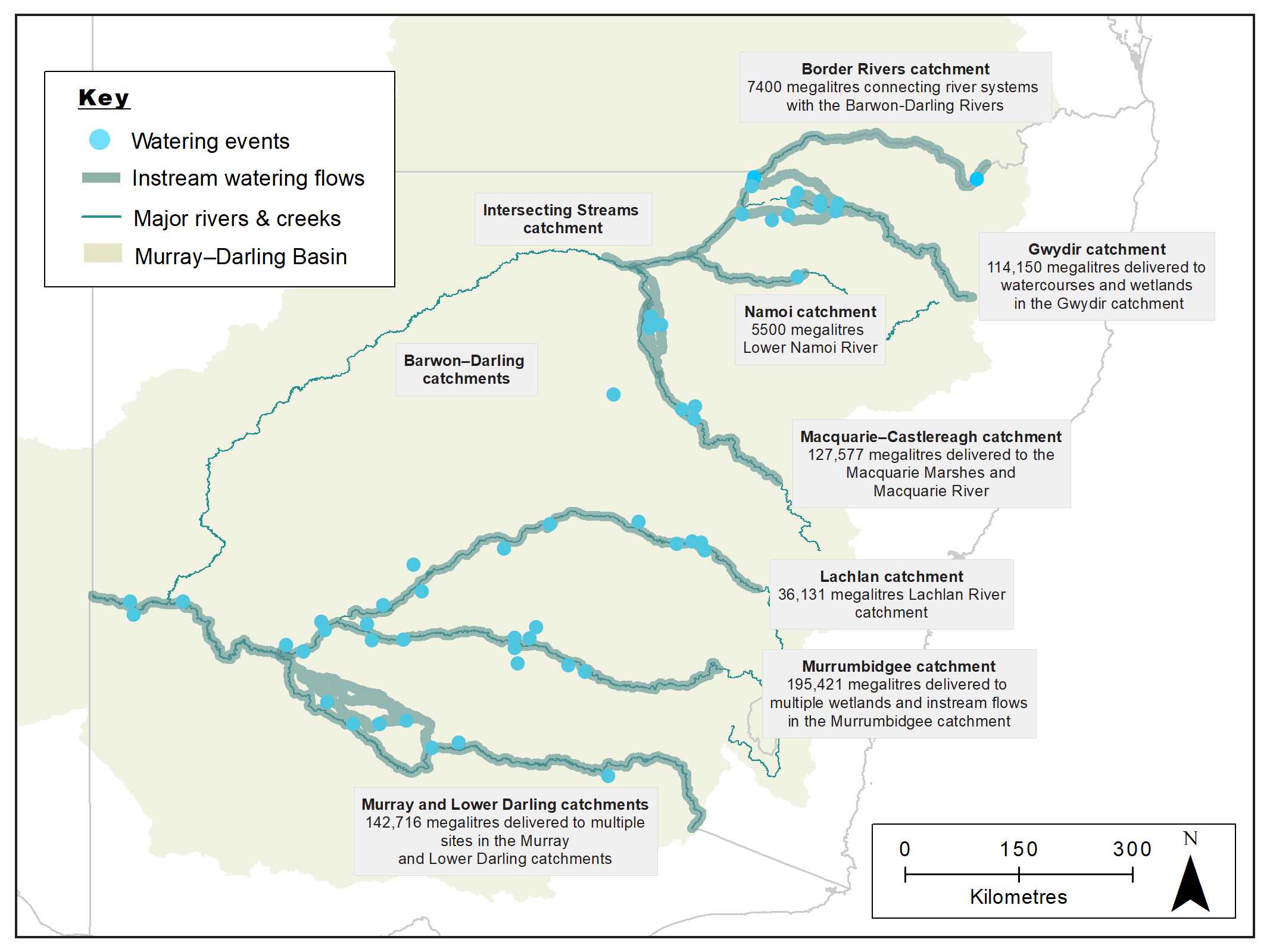 Map of New South Wales showing water catchment areas, associated main waterways and locations of water for the environment deliveries made in 2018–19.